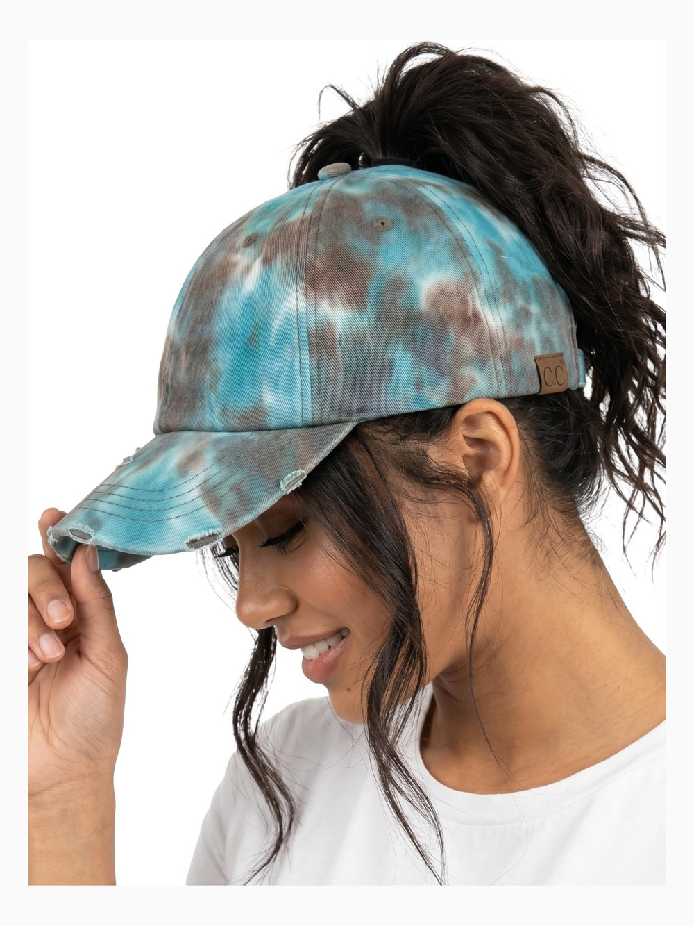 Criss Cross Ponytail Cap, Messy Bun Distressed | Tie Dye, Brown Mix | Size OS